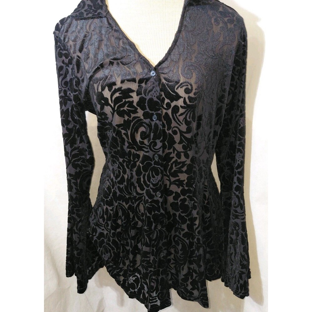 Blouse Top Womens Black Sheer Bell Sleeve Velvet Burnout Goth Floral V-Neck